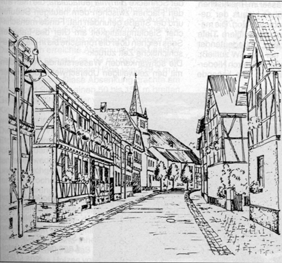 Hauptstraße von Waldorf, Zeichnung von W. Holzapfel, 1994